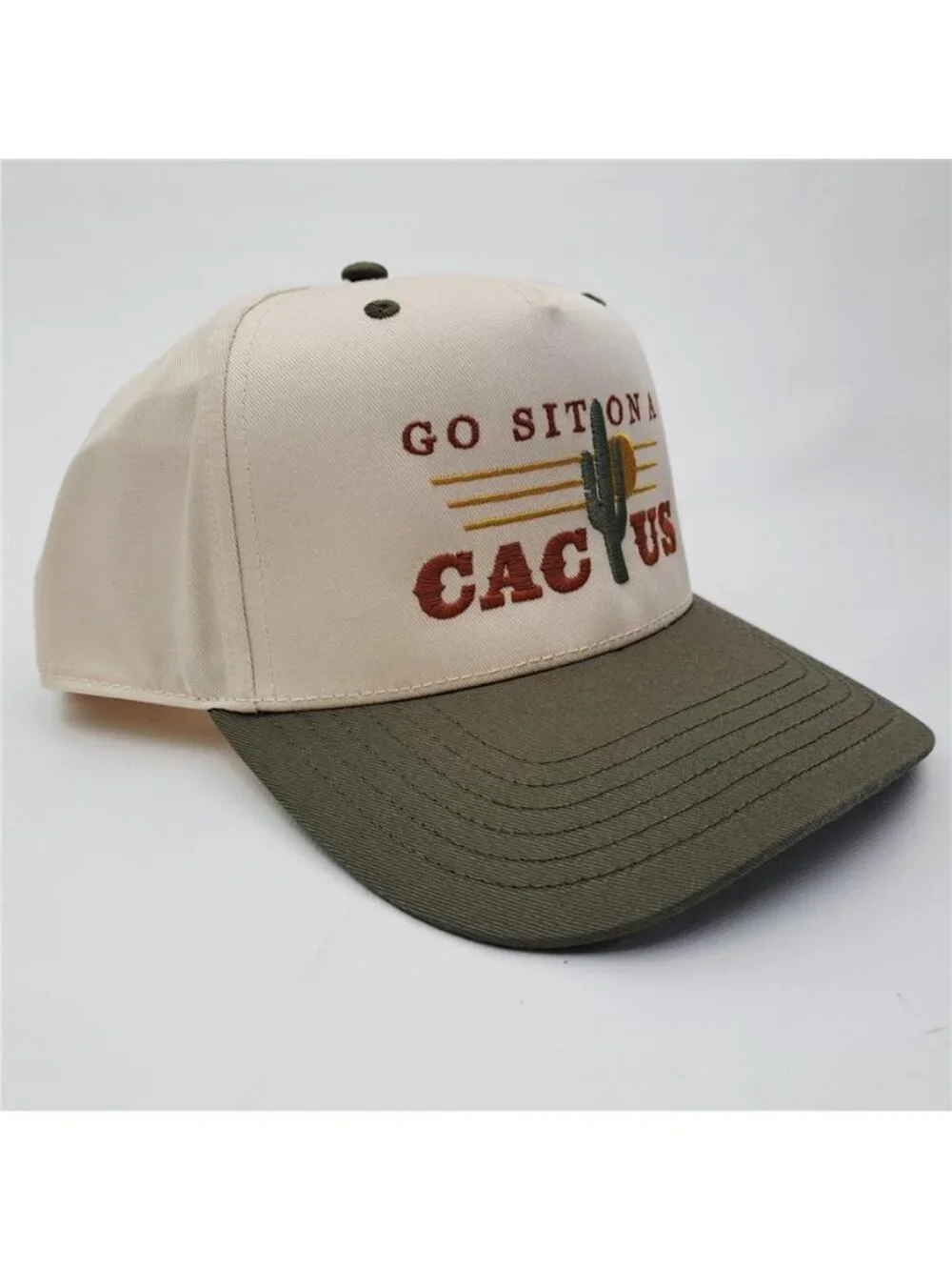 Retro Go Sit On A Cactus Hat Green Cream Western Snapback Desert Funny Cap New